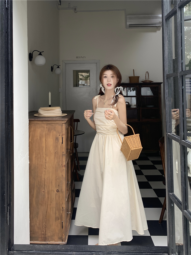 Actual shot of the new Hepburn style pleated temperament long skirt French dark gray suspender dress