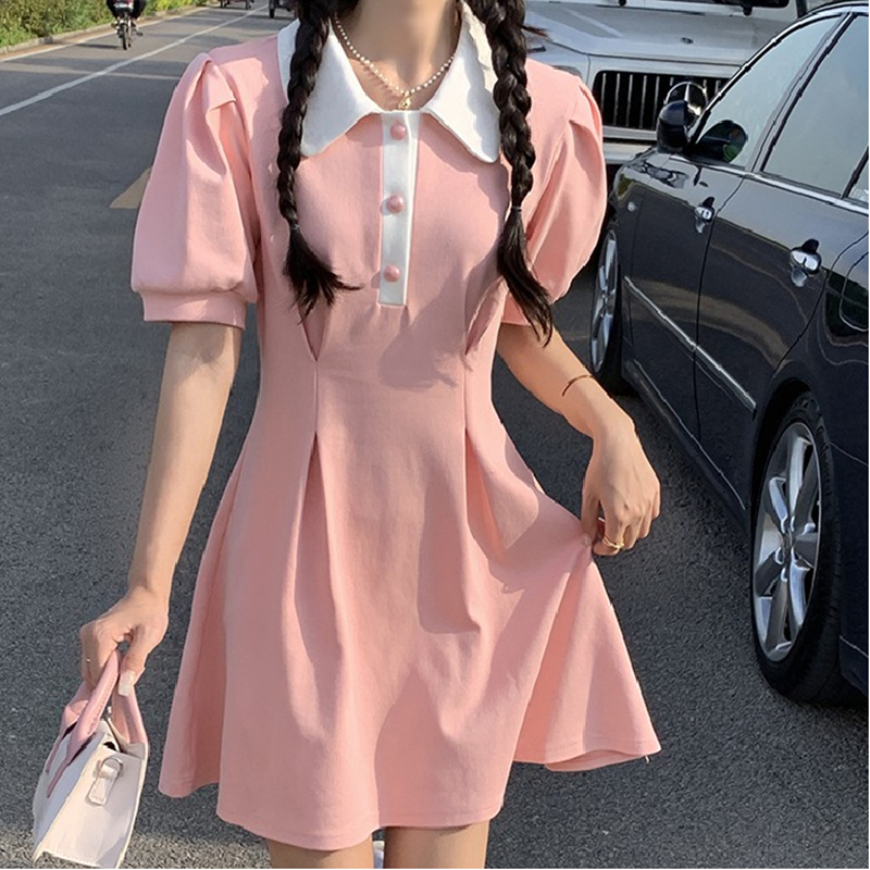 polo領拼色設計感短袖連衣裙女夏季年新款小眾收腰顯瘦A字裙