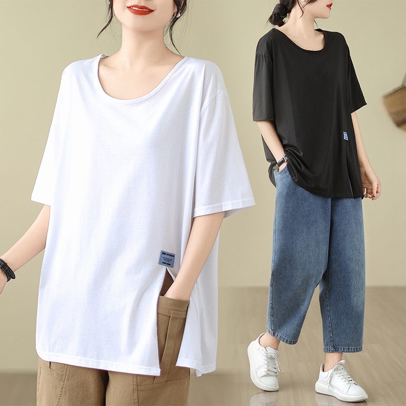 實拍夏季新款大碼女裝圓領純色開叉寬鬆純棉短袖T恤 M-4XL200斤