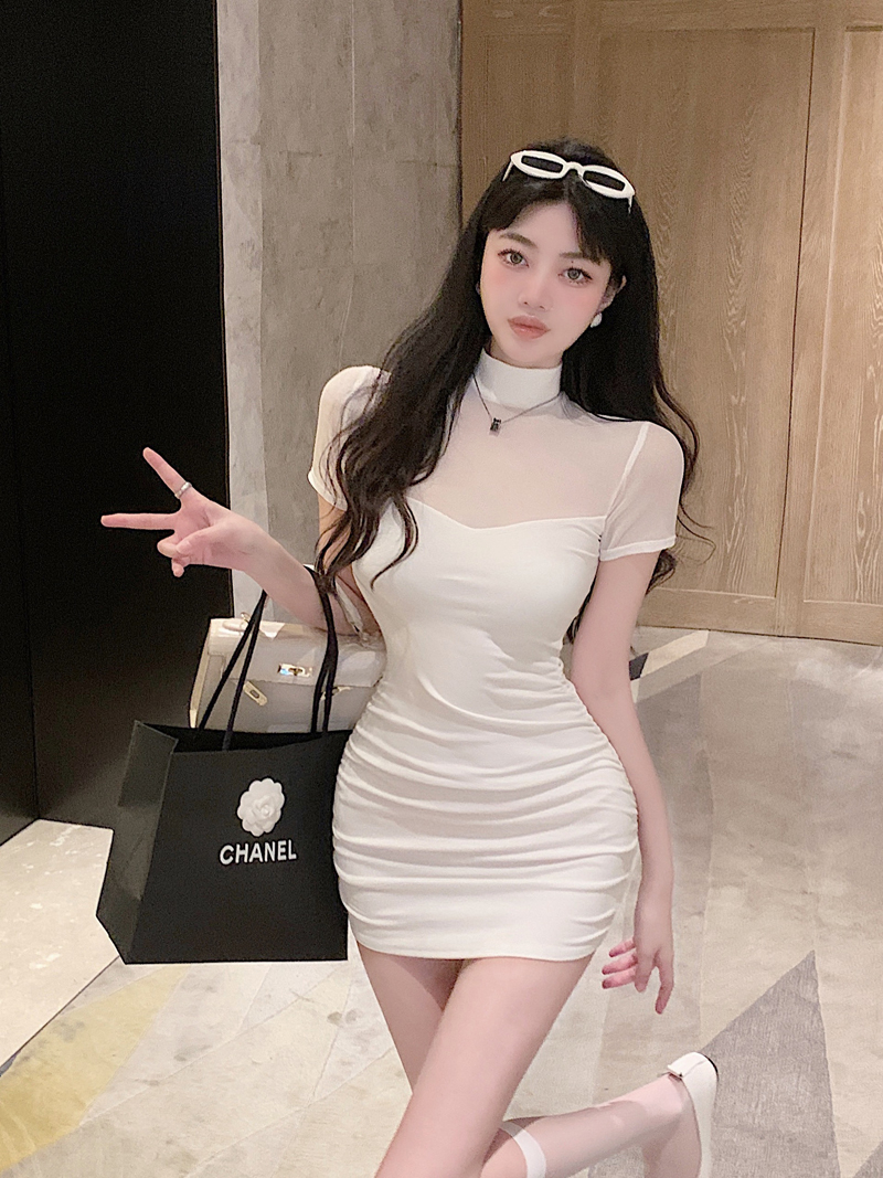 小個子穿搭純欲風性感網紗拼接修身收腰包臀短袖高端精緻連衣裙
