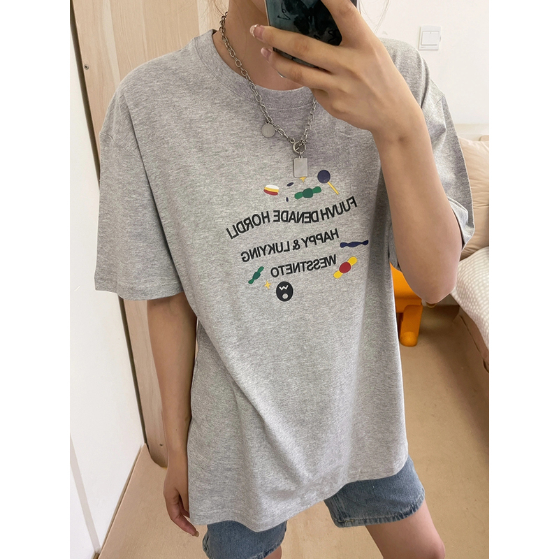 印花夏季寬鬆落肩短袖T恤