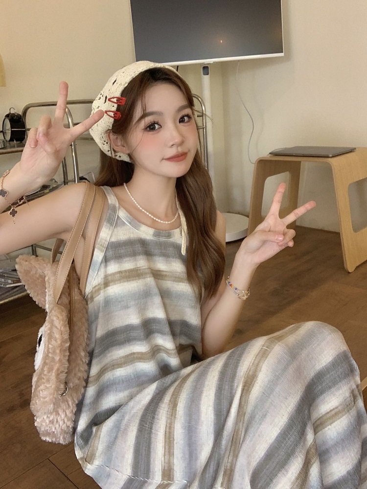 實拍 高級感純欲辣妹長裙無袖圓領撞色條紋吊帶連衣裙