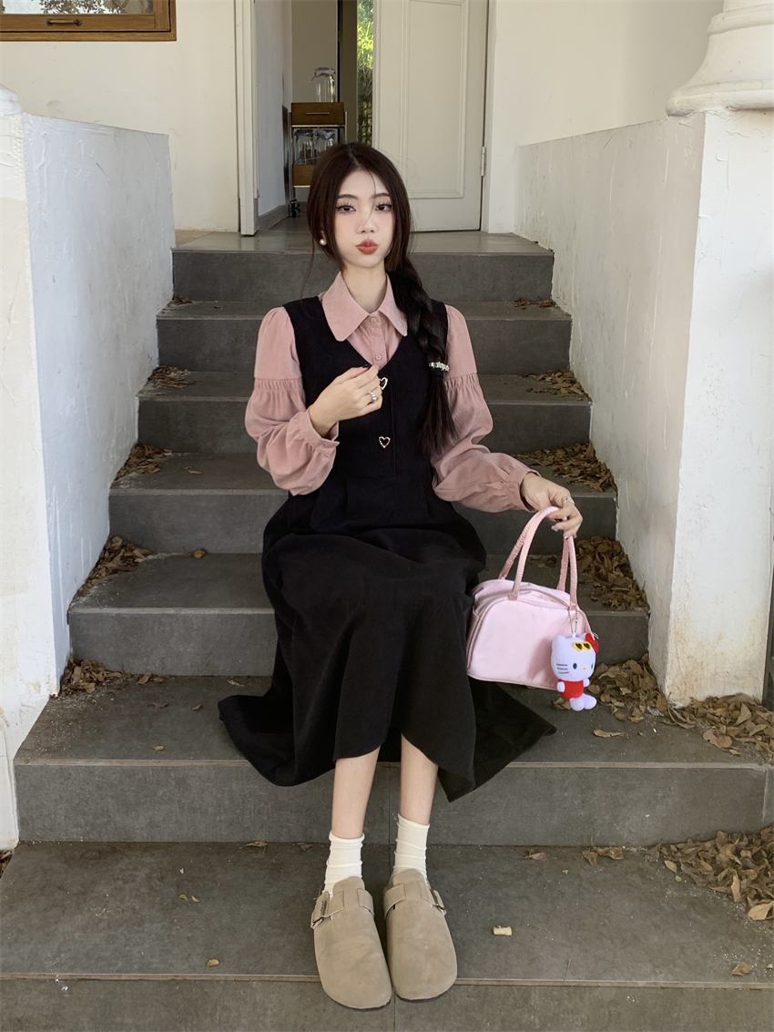 實拍 法式兩件套裝長裙背心連衣裙女春季新款黑色減齡學院裙子