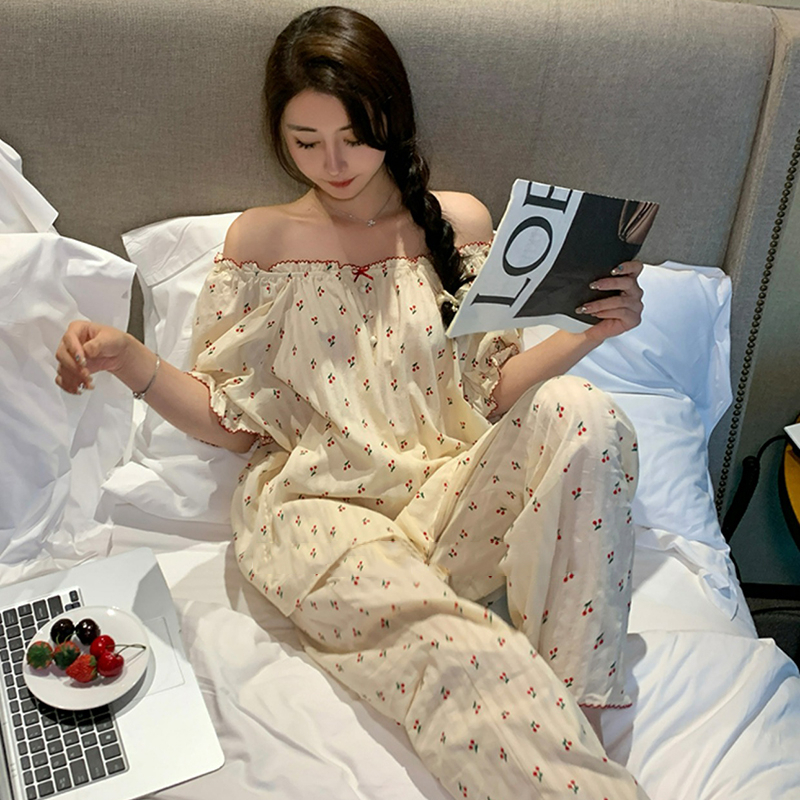 尚優衣品網圖短袖短褲甜美撞色花邊小櫻桃仿棉睡衣女套裝