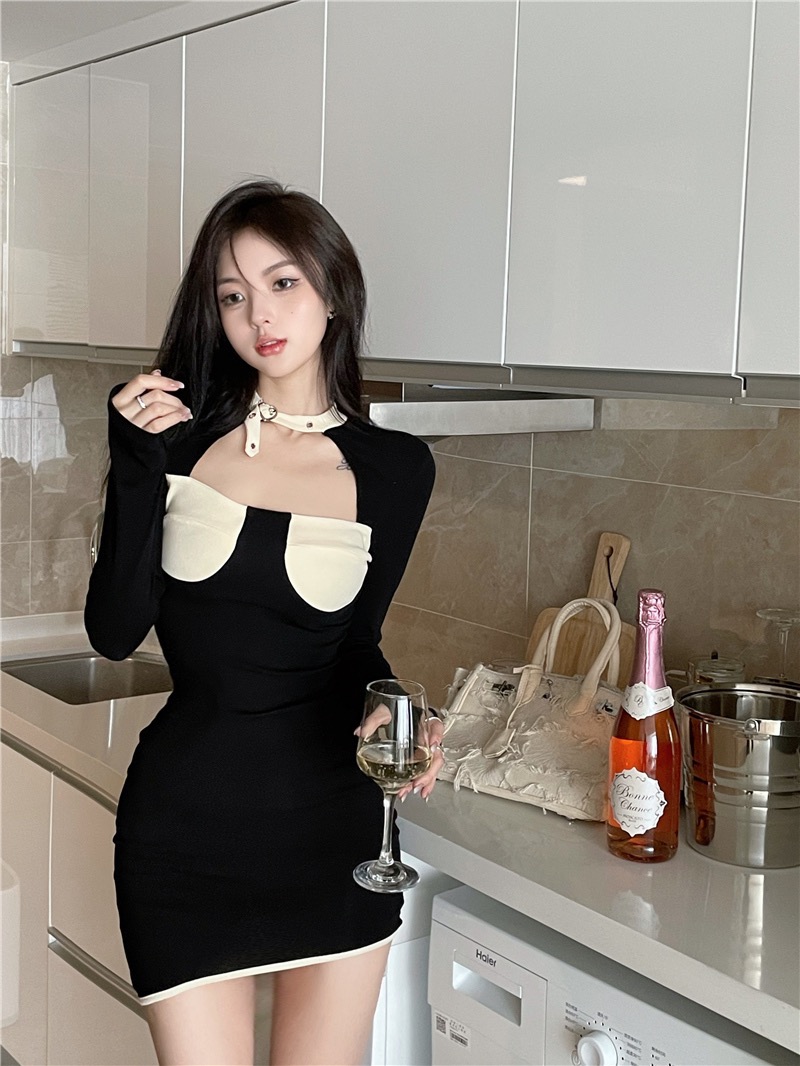 實拍~2024年春季新款設計感氣質撞色連衣裙女修身顯瘦包臀裙
