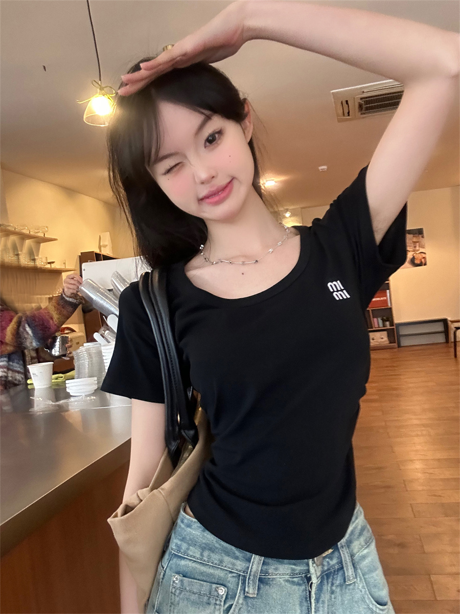 實拍洋氣卡腰顯瘦短袖T恤女夏設計感小眾性感修身上衣