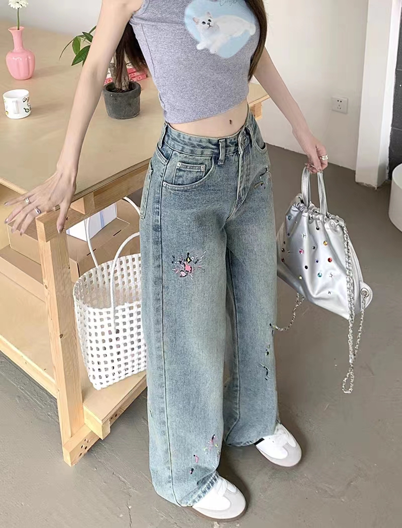 新款藍色高街潑墨直筒牛仔褲女高腰美式拖地闊腿褲子潮