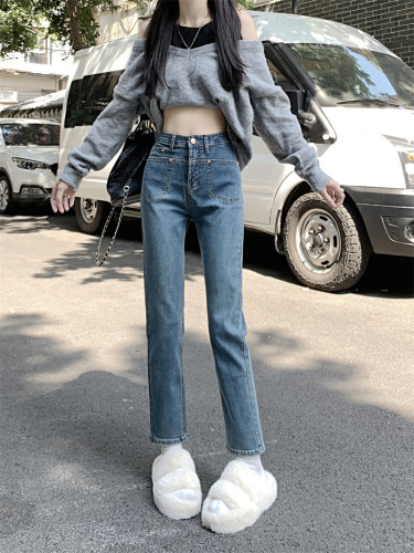 Real shot of retro straight jeans women's early spring nine-point pants 2024 new high-waist elastic cigarette tube pants