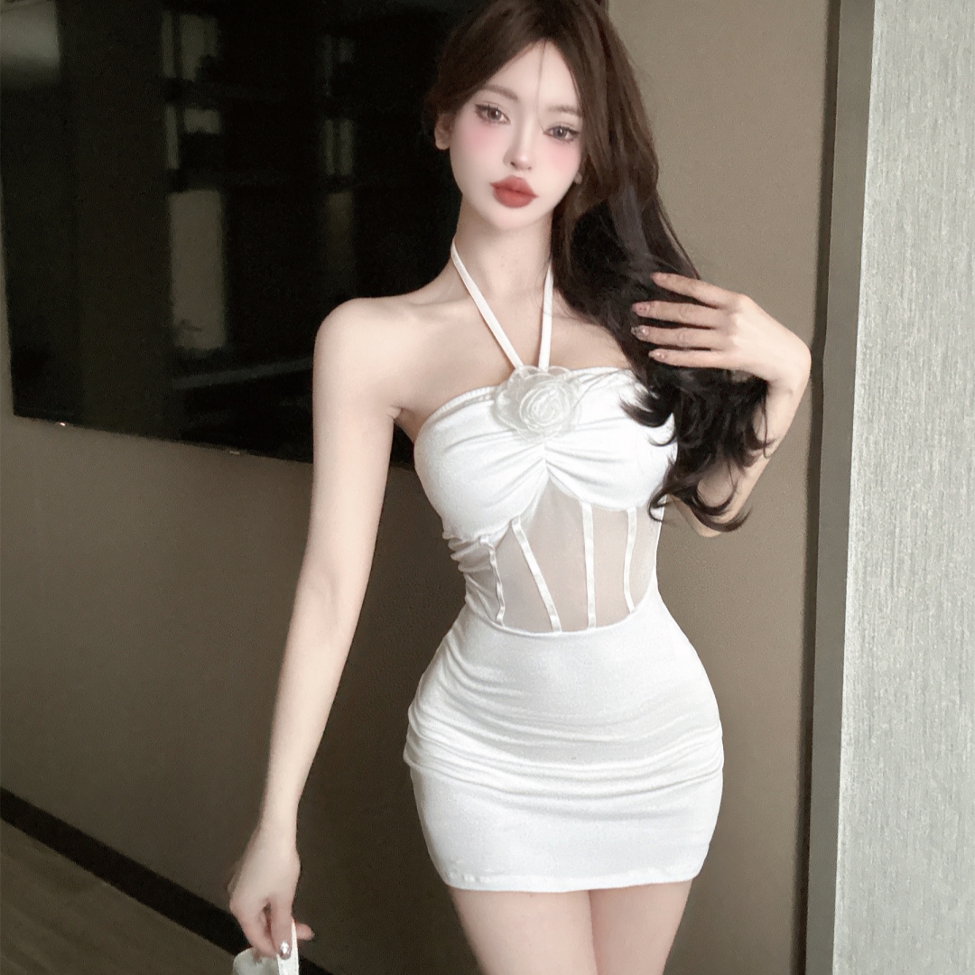 Real shot of sexy mesh flower splicing halter neck suspender bottoming hip dress