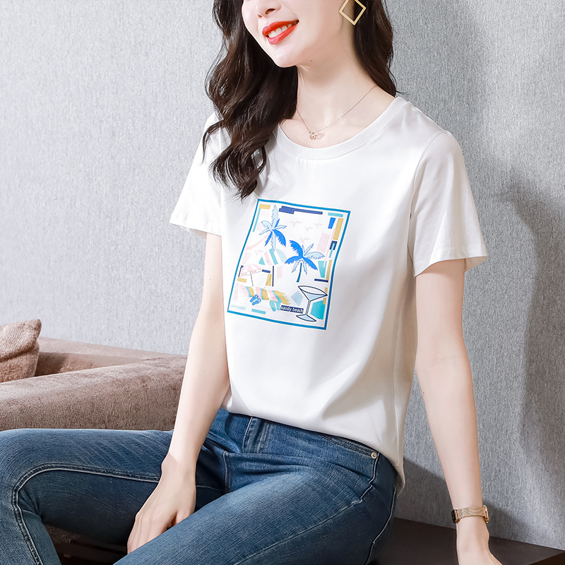 實拍白色印花T恤女短袖2024夏季新款百搭寬鬆顯瘦遮肉圓領上衣女