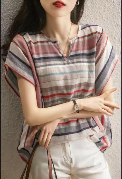 の大碼彩條t恤女短袖顯瘦百搭棉麻胖mm寬鬆遮肚上衣女XY292171MG