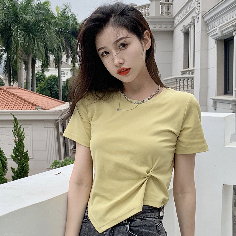 實拍 2024夏裝新款純棉設計感不規則紐結純色短袖上衣T恤女