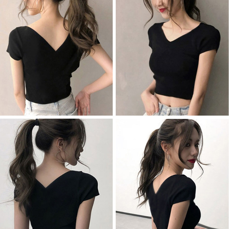 夏季韓版前後V領女裝短袖T恤女ins純色緊身上衣