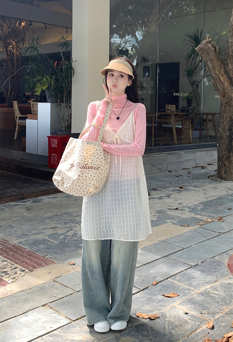 實拍 春夏韓chic韓女疊穿波點吊帶罩衫+網紗高領打底