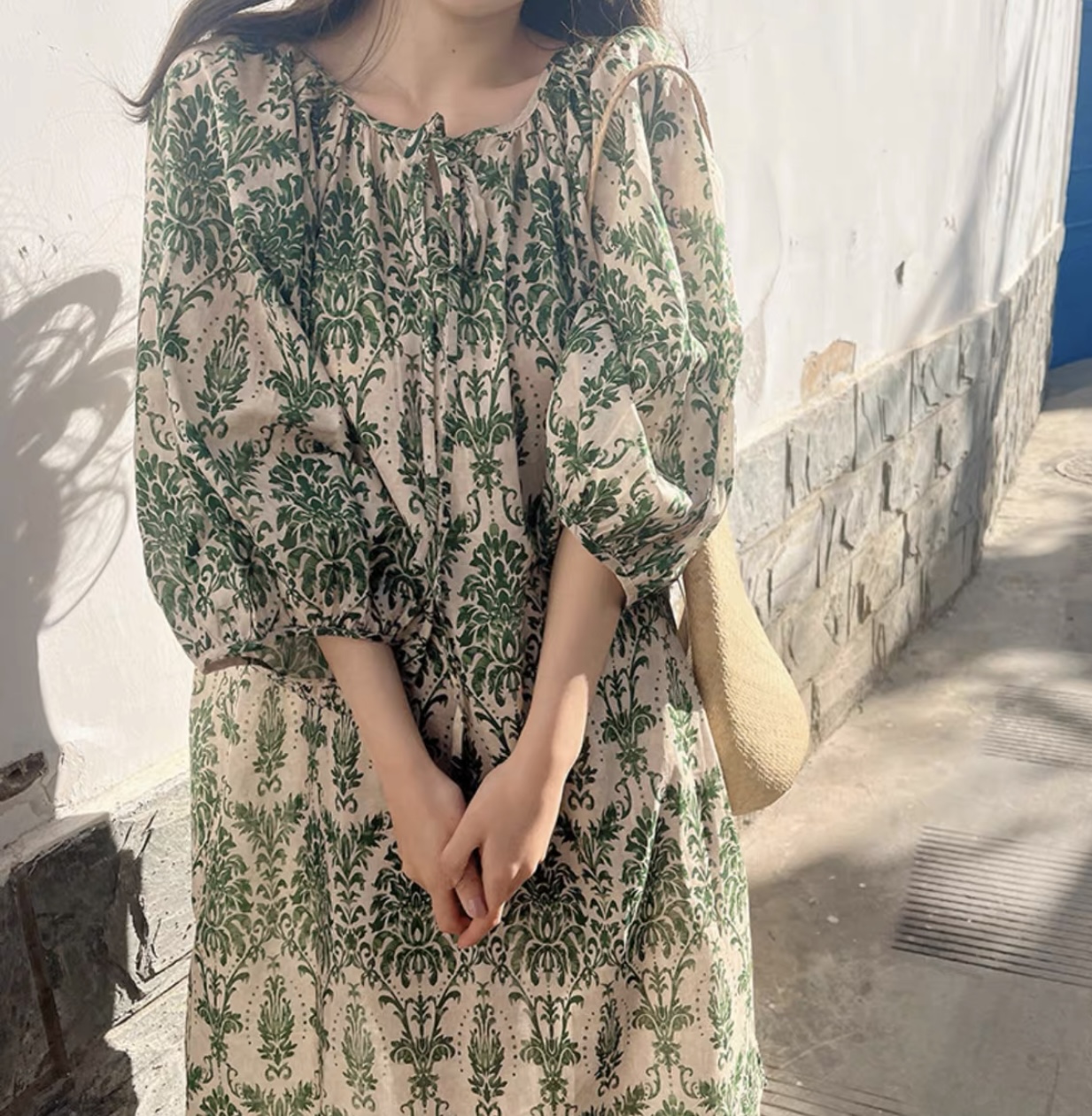 韓國chic夏季復古優雅圓領滿屏碎花系帶寬鬆燈籠袖連衣裙長裙女