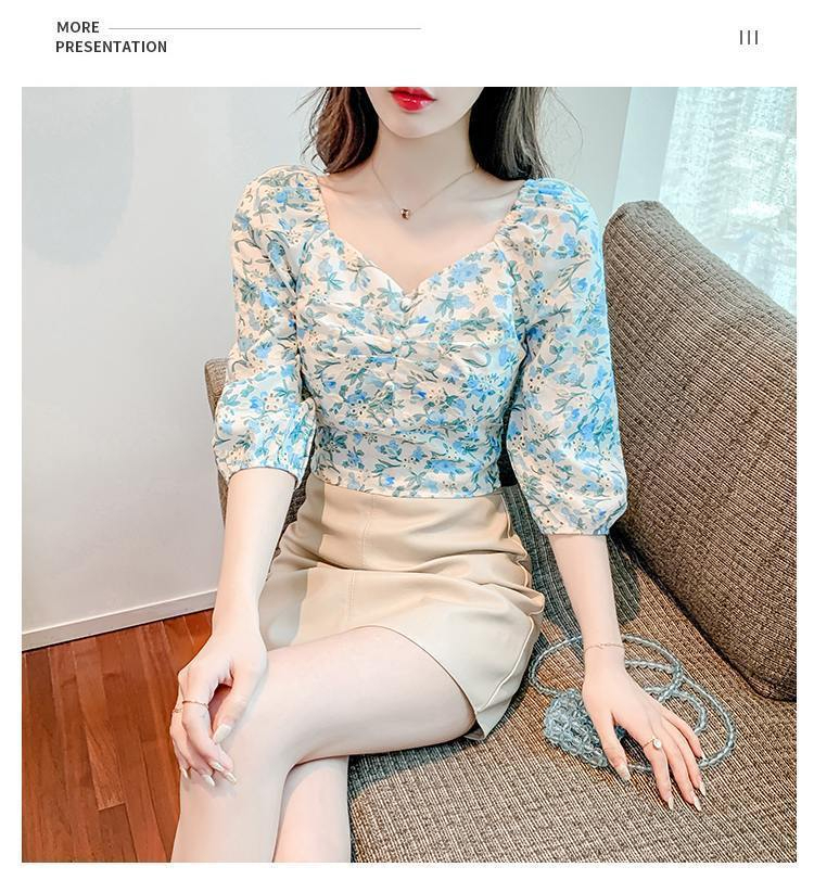 原版做工泡泡袖碎花襯衫夏收腰小衫後背綁帶蝴蝶結短款V領上衣