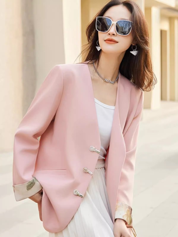 國風盤扣西裝外套女2024春秋季新款設計感V領氣質休閒西服配裙子