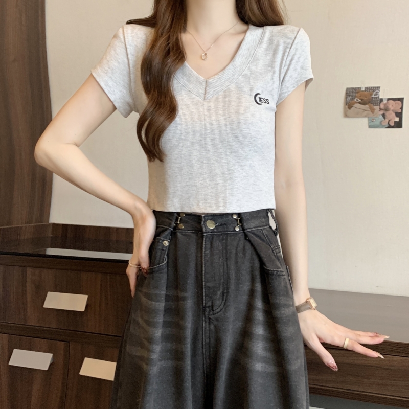 Real shot 40 count pure cotton 2024 summer embroidered letter high waist short sleeve T-shirt for women ins