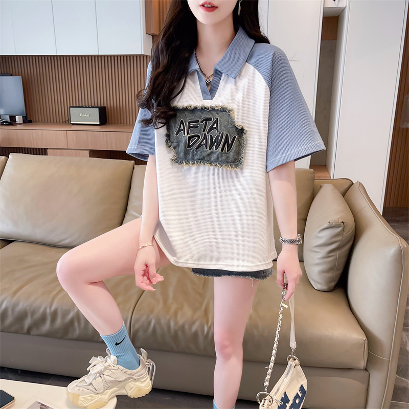 實拍 2024夏季新款韓版寬鬆POLO領印花中長款大碼短袖T恤女