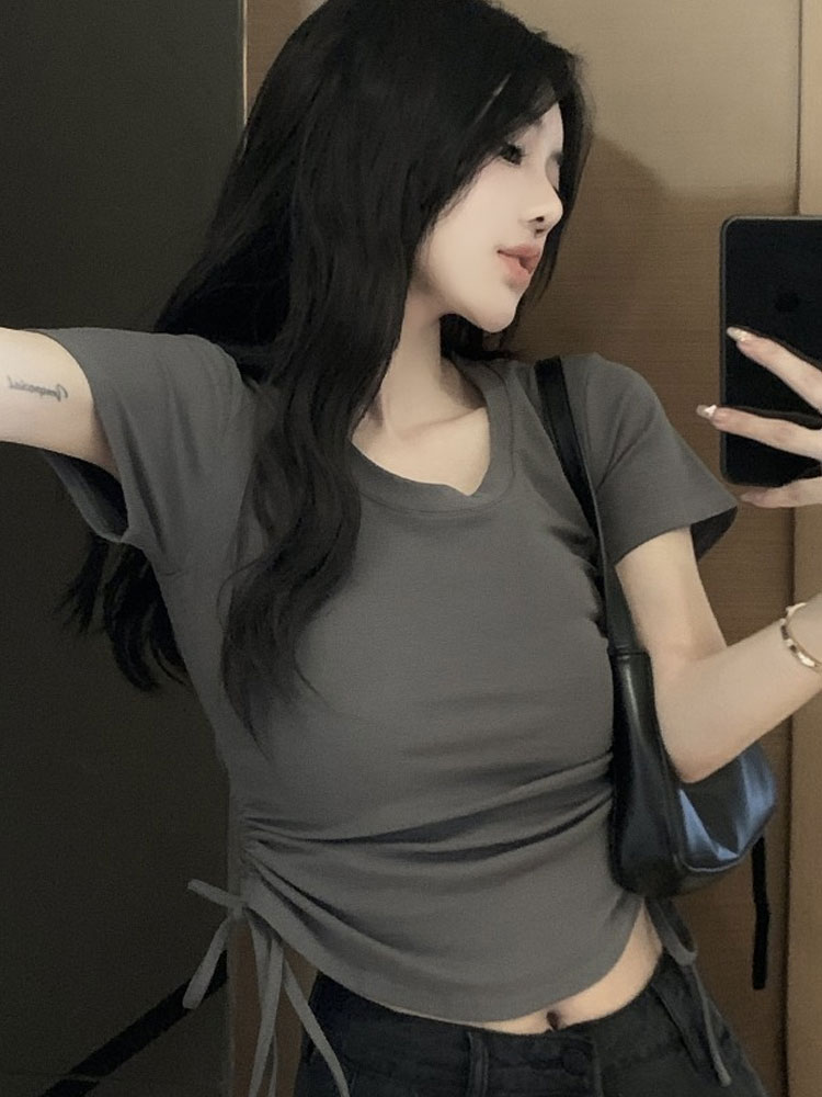 Sweet and spicy rayon, pure lust style design, right shoulder short-sleeved T-shirt for women, summer tight-fitting short waist drawstring niche top
