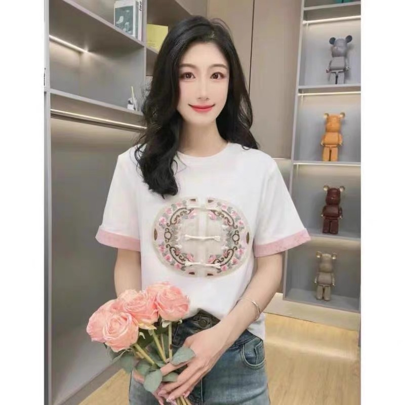 新中式國風盤扣刺繡勾花短袖T恤女2024早春新款寬鬆打底衫上衣潮
