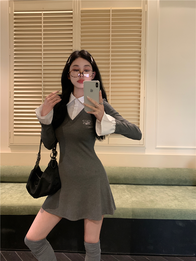 實拍 學院風撞色polo領連衣裙春季辣妹修身收腰包臀短裙
