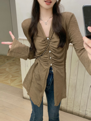 Photographed! Chic Retro V-neck Puff Collar Slim Fit Long Sleeve Women's Han Style Unique Personality Top