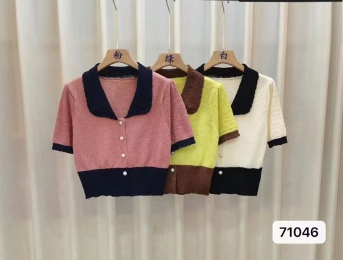 2024 new summer style temperament lapel hollow color-blocking sweater for women Korean style chic waist short ice silk top