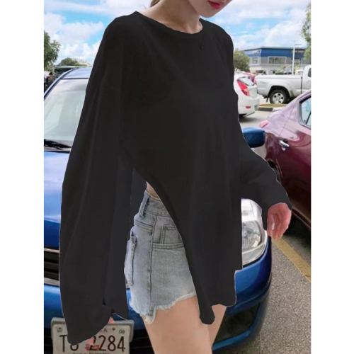 Summer knitted sun protection blouse for women ins niche design round neck top loose and thin style with sun protection T-shirt