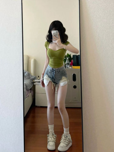 Pure lust style retro American ripped jeans for women in summer hot girls high waist slim wide leg pants sexy casual shorts