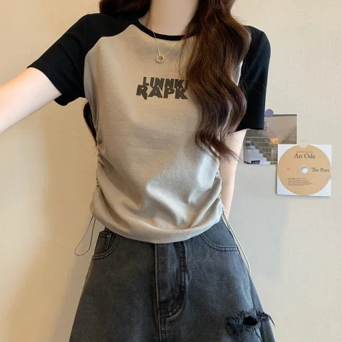 Official picture of threaded short-sleeved T-shirt for women summer 2024 Korean style raglan sleeve printed slim round neck top for women plus size