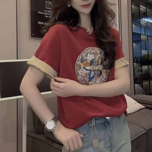 Right shoulder, loose short sleeves, slim design, new Chinese style T-shirt, versatile top