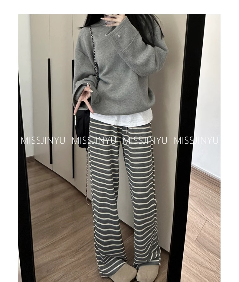慵懶風遛彎條紋拖地褲子顯瘦直筒褲抽繩長褲針織闊腿褲女春