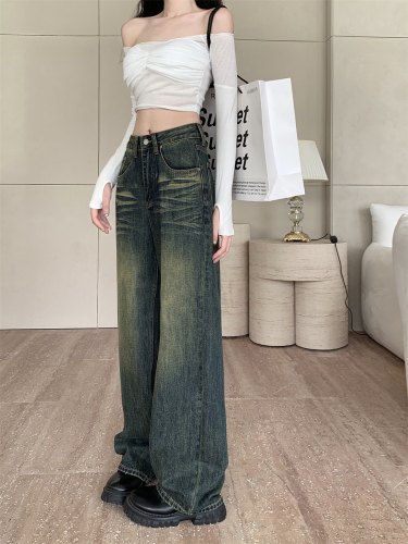 Actual shot ~ distressed yellow retro blue jeans for women new design niche loose slimming straight pants