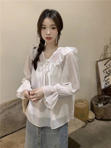 Real shot!  Korean gentle style loose lace-up shirt top women's V-neck design retro long-sleeved shirt