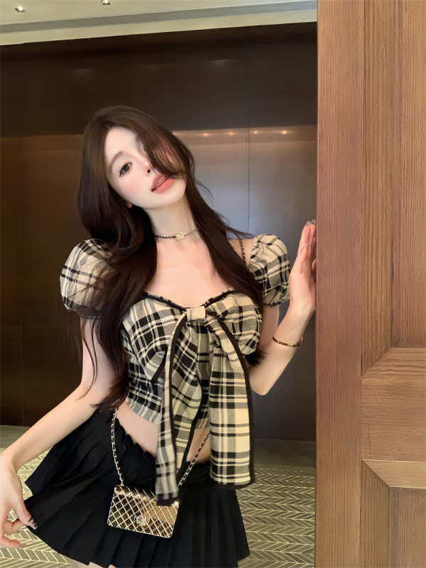 實拍 復古格子泡泡袖蝴蝶結襯衫上衣