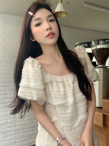 Real shot of sweet tea break heavy industry lace square neck one-shoulder two-wear doll loose puff sleeve dress