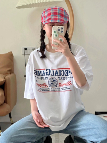 Official picture American retro short-sleeved T-shirt for women summer 2024 new trendy brand baseball letter printed loose top ins
