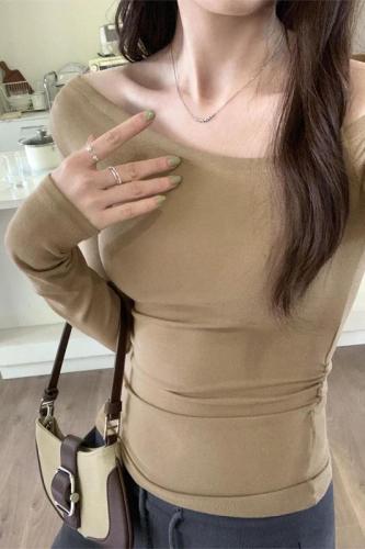 Actual pictures of slanted shoulder long-sleeved T-shirt for women 2024 spring new slim fit pure lust hot girl sexy inner top
