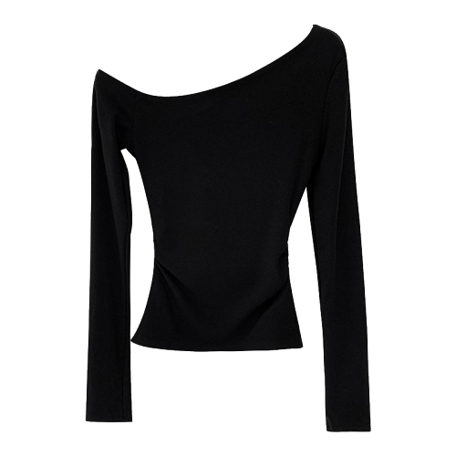 Actual pictures of slanted shoulder long-sleeved T-shirt for women 2024 spring new slim fit pure lust hot girl sexy inner top