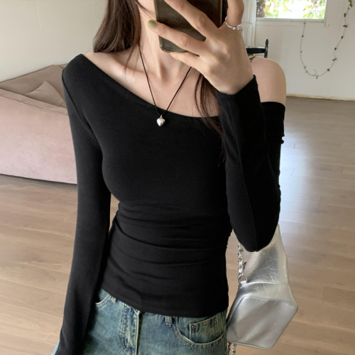 Actual pictures of slanted shoulder long-sleeved T-shirt for women 2024 spring new slim fit pure lust hot girl sexy inner top