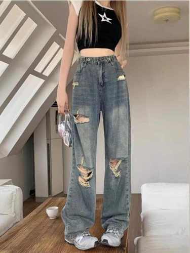 Designed American wide-leg jeans for women 2024 summer new high-waist slim straight pants pear-shaped body pants