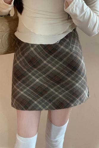 Women's New High-Waisted Plaid Wool Blend Semi-Bodycon Skirt with Vintage Short A-Line Skirt for Autumn/Winter
