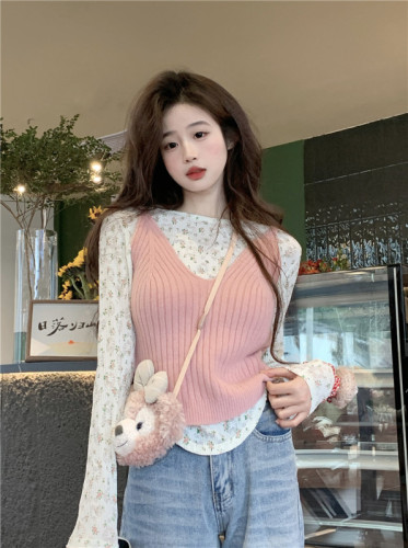 Real shot ~ 2024 early spring Korean style sweet floral T-shirt knitted vest camisole two-piece set