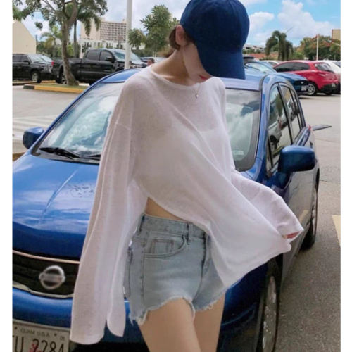 Summer knitted sun protection blouse for women ins niche design round neck top loose and thin style with sun protection T-shirt