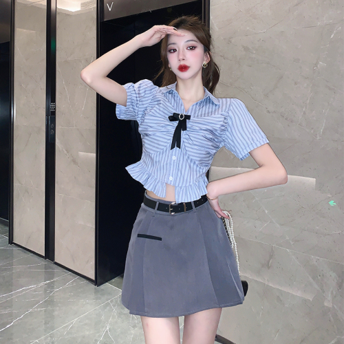 2024夏季新款小众设计感韩版短袖衬衫百褶裙时尚学院风两件套女潮