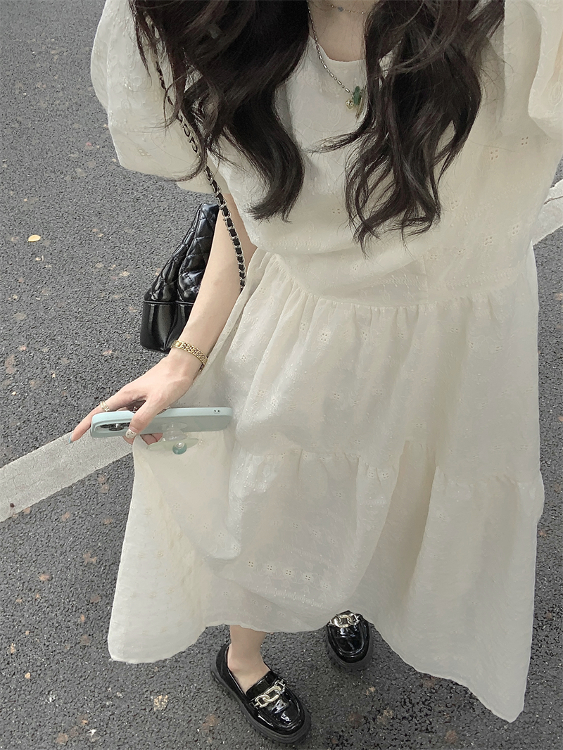 Actual shot#Super Heavy Industry Lace Embroidery Dress Women's Loose Puff Sleeves Hollow Crochet Fairy Long Dress