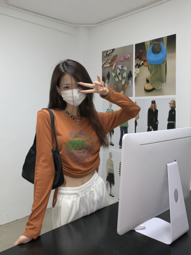 实拍 韩版字母印花短款抽绳绑带修身时髦长袖T恤打底衫女