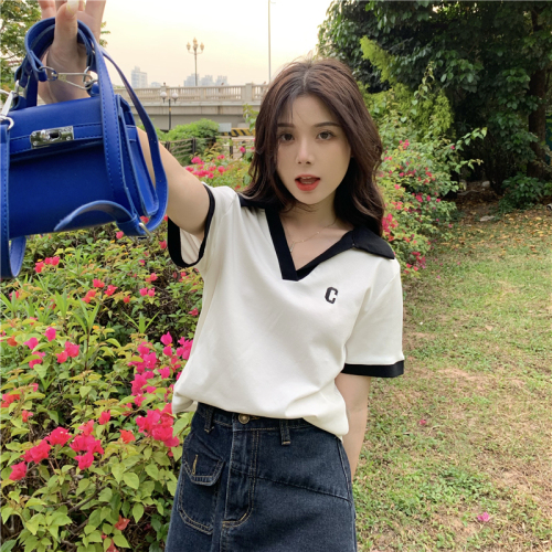 Official picture of contrasting color lapel letter embroidered short-sleeved 2024 summer new style slim Polo shirt top trendy