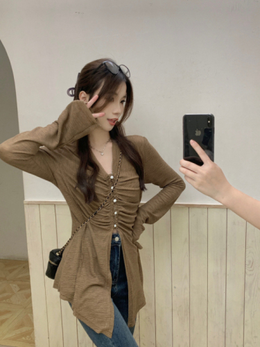 Photographed! Chic Retro V-neck Puff Collar Slim Fit Long Sleeve Women's Han Style Unique Personality Top